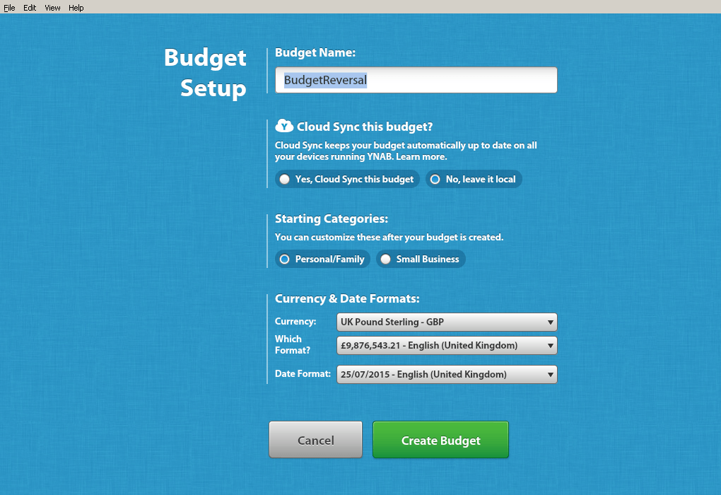 Budget creation screen